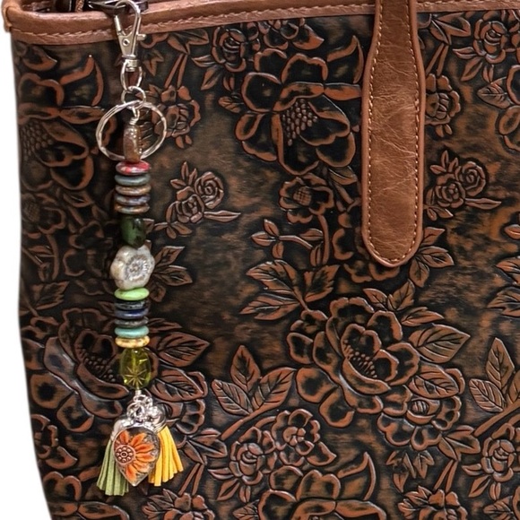 Bohemian Multi-Color Beaded Tassel Keychain / Bag Charm with Floral Accents NWT - Picture 3 of 4